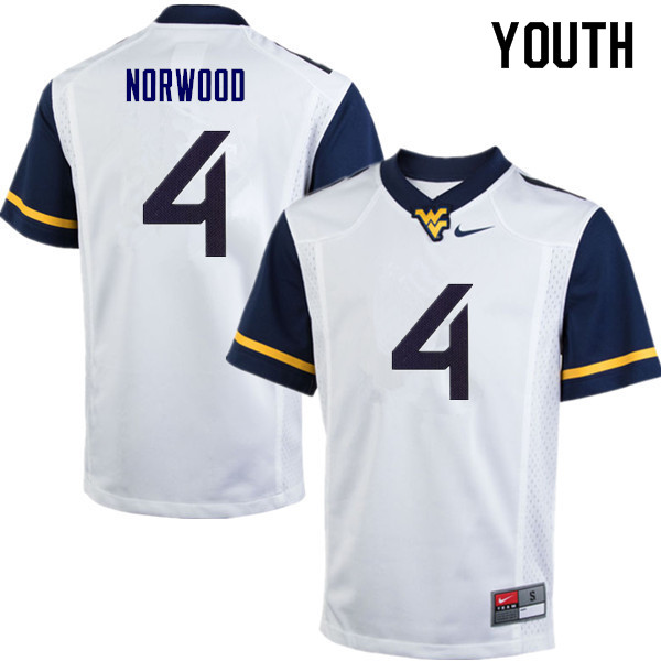 Youth #4 Josh Norwood West Virginia Mountaineers College Football Jerseys Sale-White - Click Image to Close